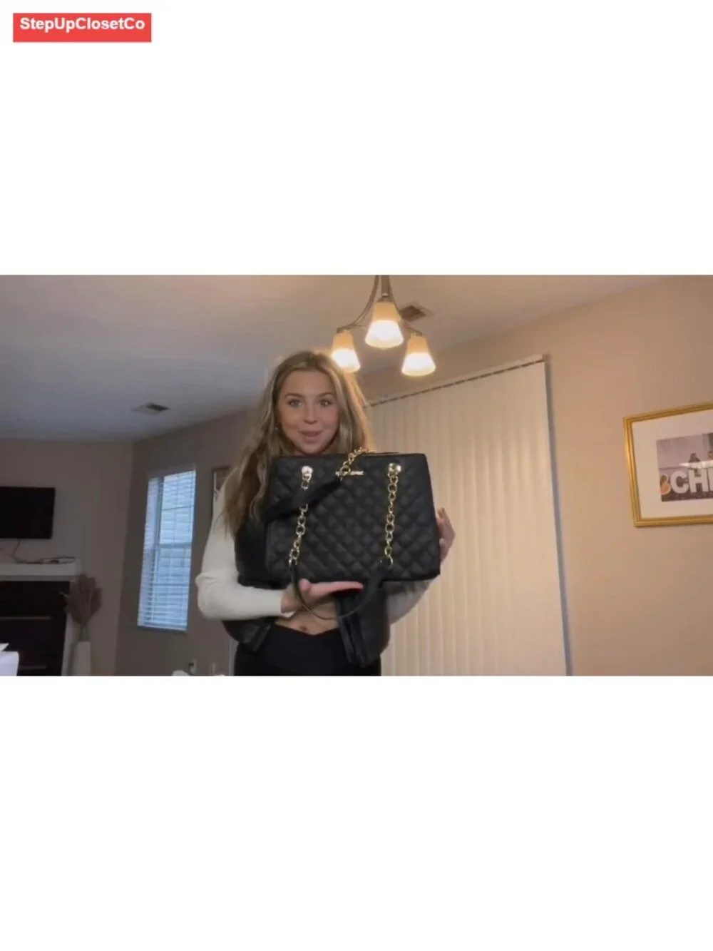 Quilted Faux Leather Tote Bag with Gold Chain Strap, Women's Shoulder Purse
